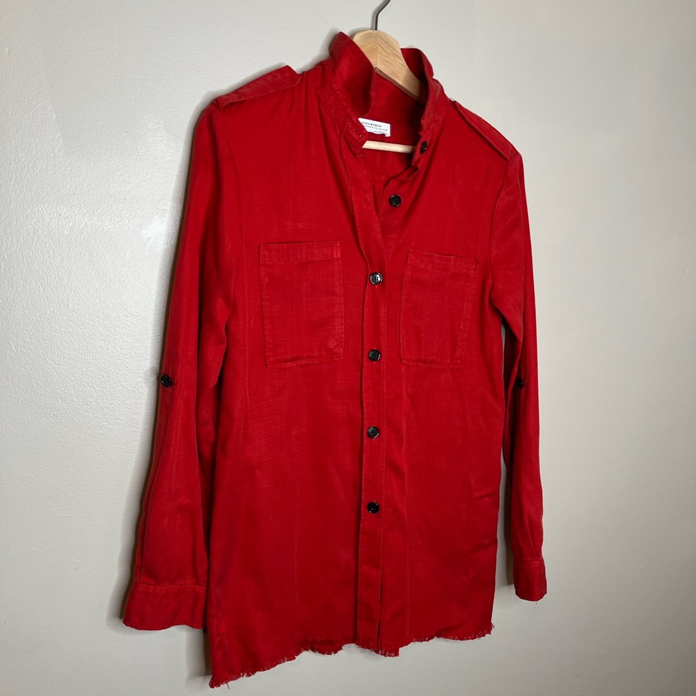 Zara Premium Denim Red Button Down Casual Long Sleeve Shirt Size XS